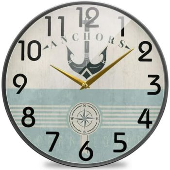 Wellsay Stylish Ocean Anchor Vintage Compass Round Wall Clock, 9.5 Inch Silent Battery Operated Quartz Analog Quiet Desk Clock for Home,Office,School,Library