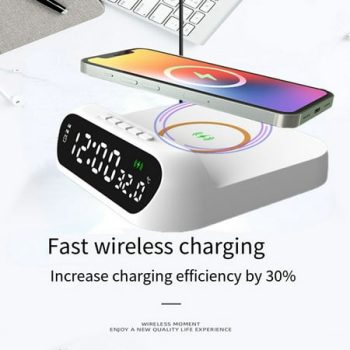 Wireless Charging Alarm Clock 3-In-1 Wireless Charger Fast 15W Charging Digital Alarm Clock Temperature White