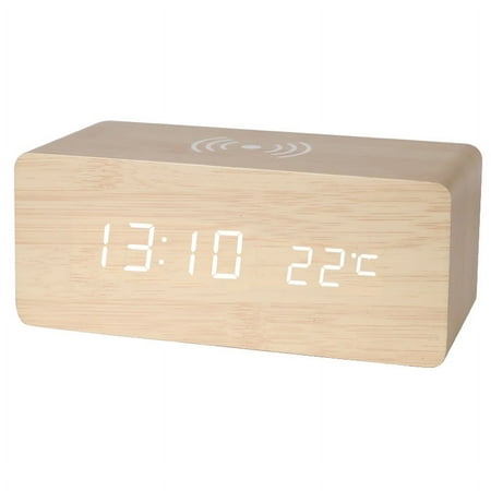 Wooden Digital Alarm Clock FM Radio,10W Fast Wireless Charger Station for iPhone/Samsung Galaxy,5 Level Dimmer,USB Charging Port,2 Wake up Sounds,Bedrooms Sleep Timer,（G)