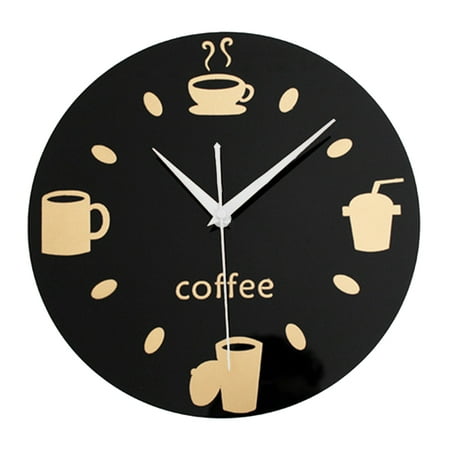 3D Mirror Round Coffee Cup Wall Clock Restaurant Kitchen Mute Decorative Wall Sticker Clock Art Wall Clock Diameter 30CM (Black Bottom and Silver Needle)