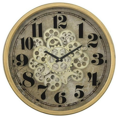 4.1 x 18.3 x 18.3 in. Gold Round Gear Clock - Copper Frame, Off-White & Distressed Face, Black Hands