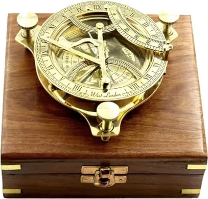 4.5" Vintage Brass Compass with Sundial - Directional Magnetic Navigation Tool with Wooden Case