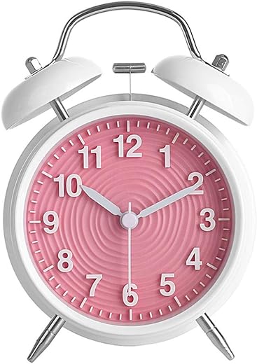 4” Twin Bell Alarm Clock Non-Ticking Bedside Table Travel Clock Vintage Alarm Clock with Nightlight and Loud Alarm, Battery Operated (Not Included) - Pink