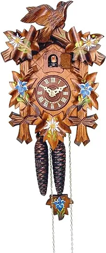 522-9 Engstler Weight-Driven Cuckoo Clock-Full Size-9.25" H x 6.75" W x 6" D, Brown