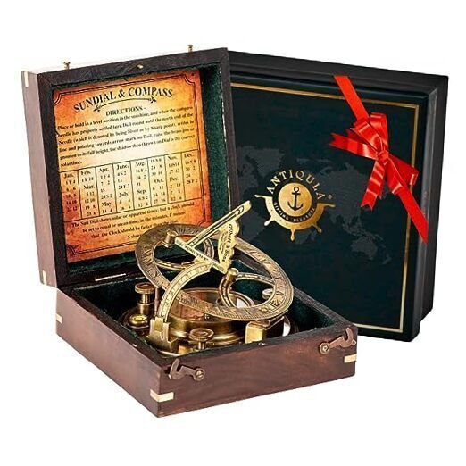5 inch Large Sundial Compass with Wooden Rosewood Box, Perfectly Calibrated