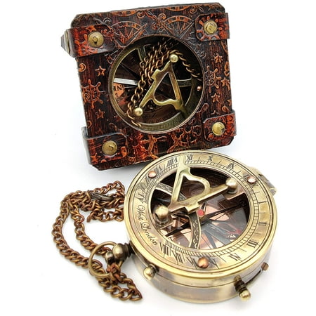 5MOONSUN5's Antique Brass Sundial Compass Marine Boat Gift Pocket Sun Dial in Leather Display Box Nautical Marine Gift Sun Clock Pirate Ship Replica Watch Steampunk Accessory