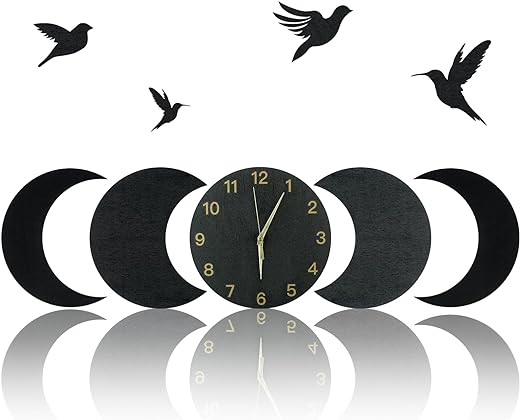 5 Pcs Moon Phases Clock Wall Decor Boho 10 Inch Silent Battery Operated Non Ticking Wood Wall Hanging Decorative Moon Clock Bohemian Wall Art for Home Living Room Bedroom Decor (Black)