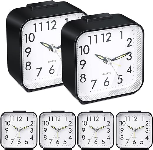 6 Pieces Silent Analog Alarm Clock Small Battery Operated Analog Travel Alarm Clock Non Ticking Small Desk Clock, Snooze and Light Function Beep Sound Gentle Wake for Kids Bedroom Table, Black