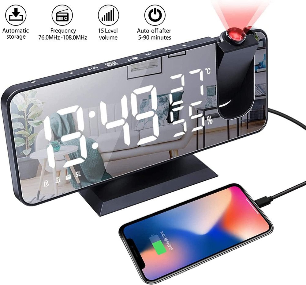 7.5" LED Digital Projector Snooze Dual Alarm Clock Temperature Display FM Radio