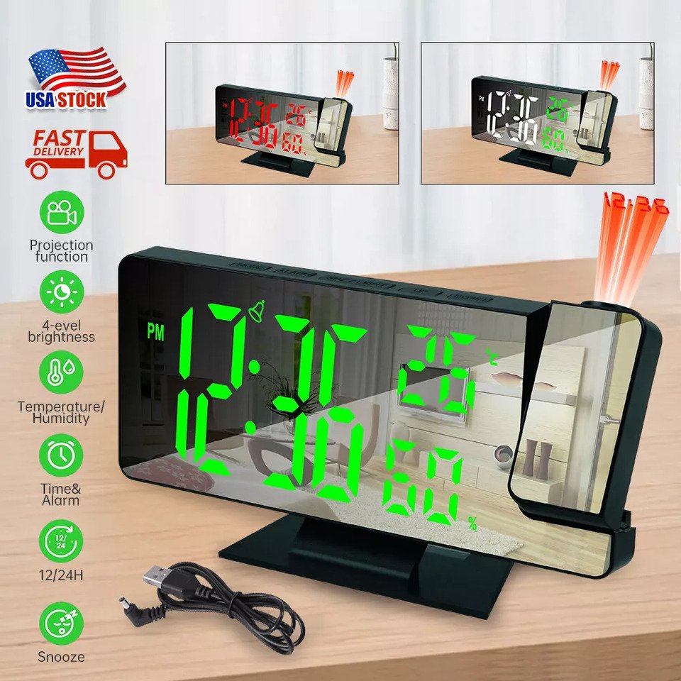 7.8" LED Digital Projector Projection Snooze Dual Alarm Clock FM Radio Timer USB