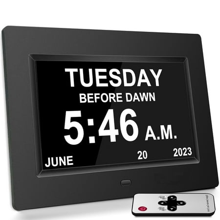 7'' Black Digital Alarm Clock Bedroom Clock Large Numbers with Day and Date for Seniors' Gift