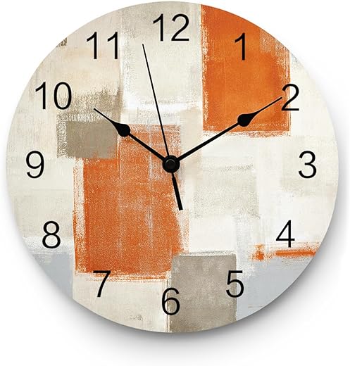 Abstract Graffiti PVC Wall Clock, Silent Non-Ticking Battery Operated Clocks, Round Clock for Home Office School Kitchen Decor 9.8x9.8 inch Orange Grey Scribble Pigmented Square