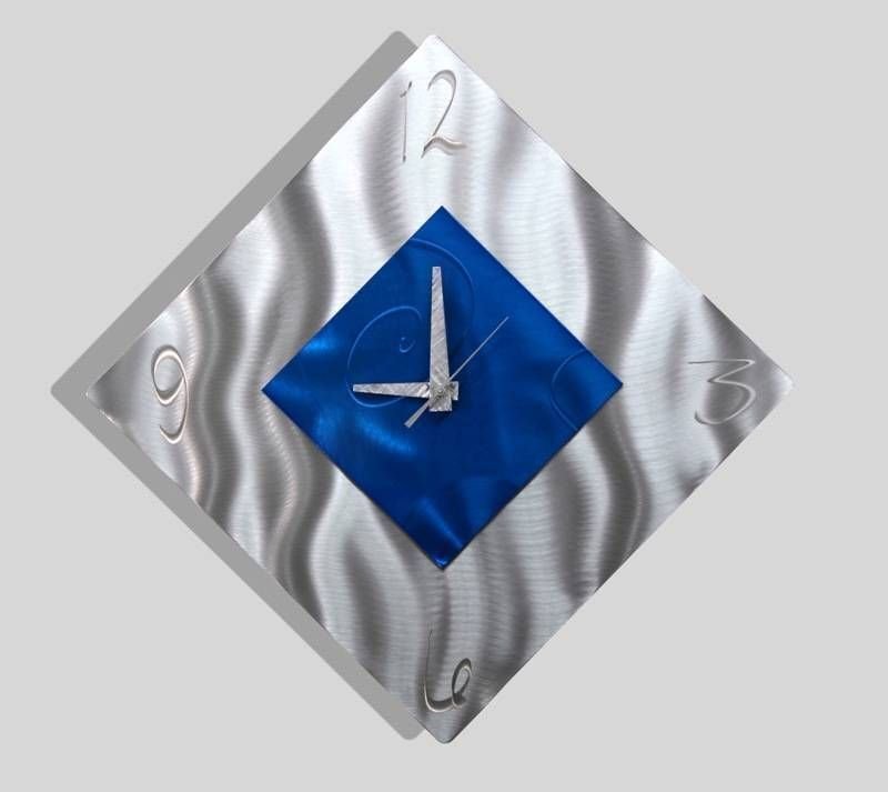 Abstract Metal Wall Clock Art Etched Silver Blue Hanging Sculpture Home Decor