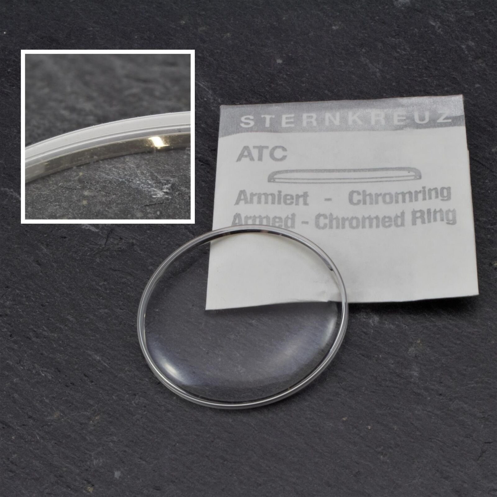 Acrylic watch glass curved & reinforced with chrome ring for watches 225-373