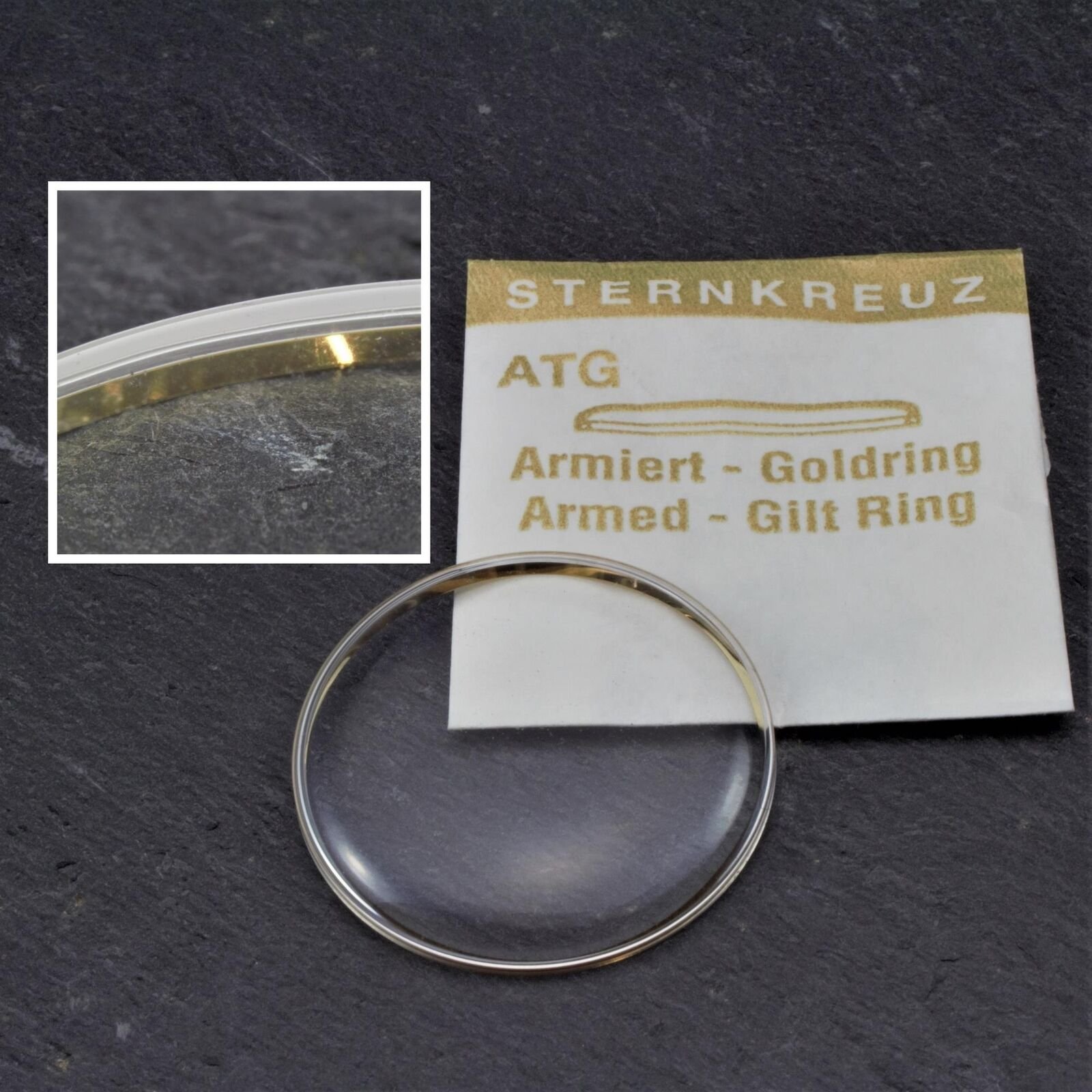 Acrylic watch glass curved & reinforced with gold-plated ring 225-373