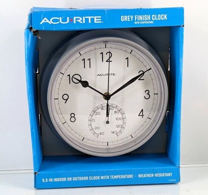 AcuRite Indoor Outdoor 9.25 in. White Grey Finish Clock with Thermometer 01401HD