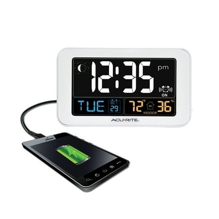 AcuRite Intelli-Time Digital Alarm Clock for Bedroom with USB Charger, Indoor Temperature and Humidity for Heavy Sleepers (13040CA)