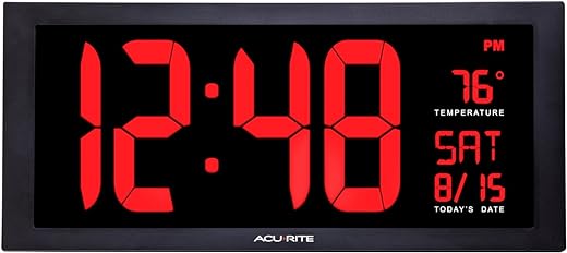 AcuRite Large Digital LED Oversized Wall Clock with Date, Temperature and Fold-Out Stand, 18-Inch, Red