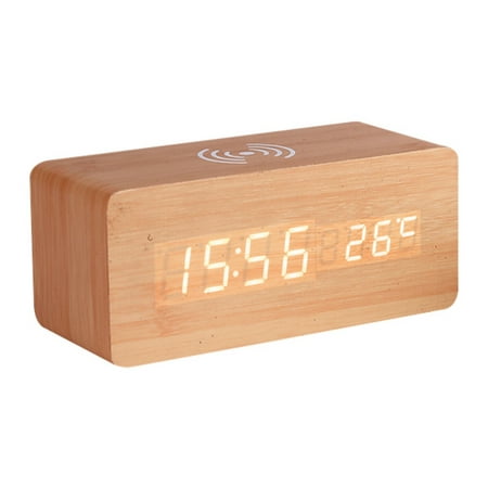 Advanced Digital Wooden Alarm Clock With Wireless Charging Function 3 Alarm LED Displays Multi-Functions Wooden Clock Bamboo and white letter