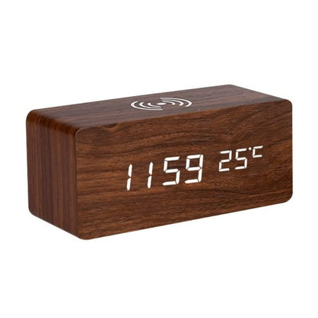 Advanced Digital Wooden Alarm Clock With Wireless Charging Function, 3 Alarm LED Displays, Dual Functions Of Snooze,Brightness Adjustable, Multifunctional Digital Alarm Clock