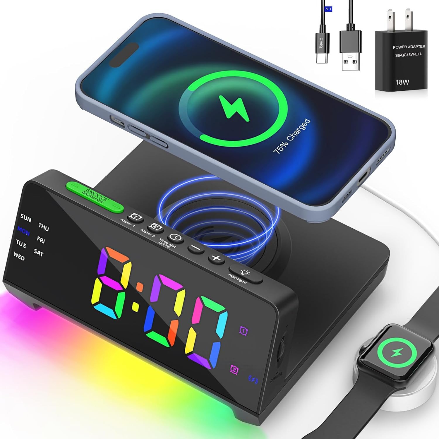 Alarm Clock Charging Station,Dual USB-C Ports,Dual Alarm,Night Light,Full Dimmab