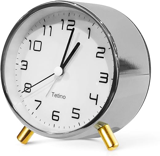 Alarm Clock for Bedroom,Analog Clock with Silent Non-Ticking,Voice Controlled Light,Small Clock for Kids, Teens,Seniors,Decor,Bathroom,Living Room,Bedside,Desk,Kitchen,Travel. (Chrome Plating)