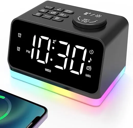 Alarm Clock Radio for Bedroom, Glow Small Digital Clock Radio with 8 Color Night Light & Display, USB Ports, Dimmer, Timer, Sound Machine, Loud FM Radio Alarm Clock for Adults Seniors Kids