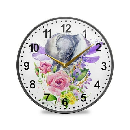 ALAZA Baby Elephant African Animals Nature Gorgeous Rose Wall Clock Battery Operated Silent Non Ticking Clocks for Living Room Decor 12 Inch / 9.5 Inch