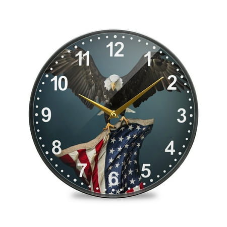 ALAZA USA Flag American Bald Eagle Wall Clock Battery Operated Silent Non Ticking Clocks for Living Room Decor 12 Inch / 9.5 Inch