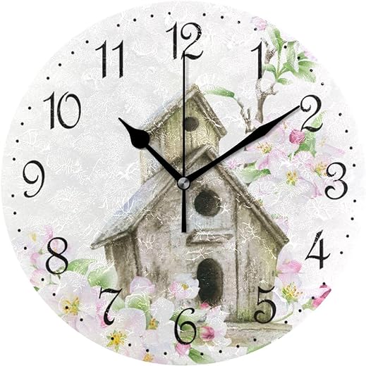 ALAZA Wall Clock Birdhouse Watercolor Floral Silent Non-Ticking Decorative Wall Clocks Battery Operated 10 Inch for Home Living Room Kitchen Bathroom Bedroom