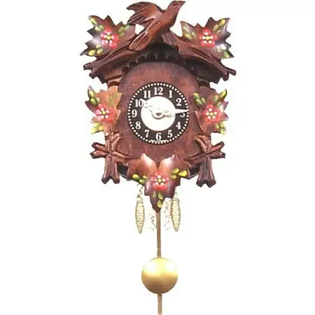 Alexander Taron Engstler Battery-operated Clock - Mini Size - Black Forest Carved Clock with Cuckoo and Red Flowers