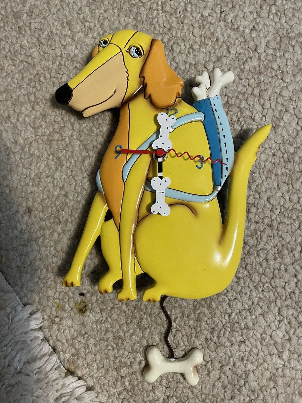 Allen Designs Studio Wall Clock 13”Ceramic Yellow Dog With Bone Pendulum