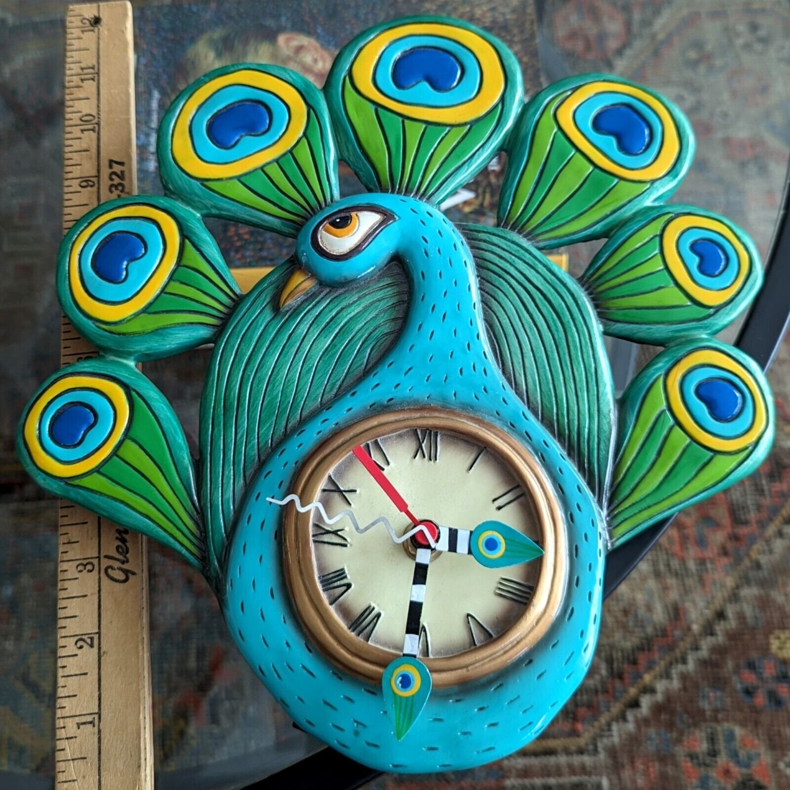 Allen Designs Zany Peacock Wall Clock Art Vtg 1990s Colorful WORKS missing pendu