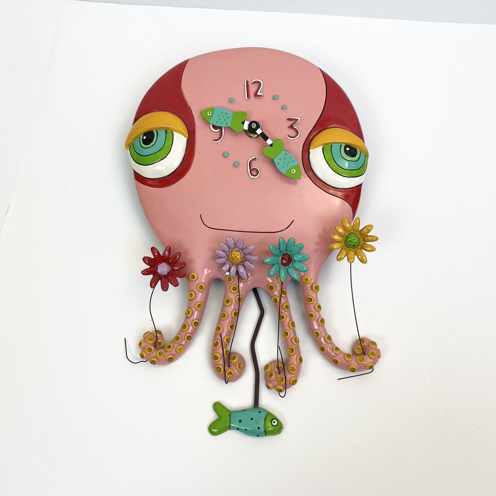 Allen Design Wall Clock Octopus Pink Holding Flowers Fish Pendulum Quirky Artsy
