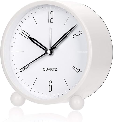 Analog 4 Inch Round Alarm Clock Non Ticking, Battery Operated and Light Function, Super Silent Alarm Clock, Simple Stylish Design for Desk/Bedroom