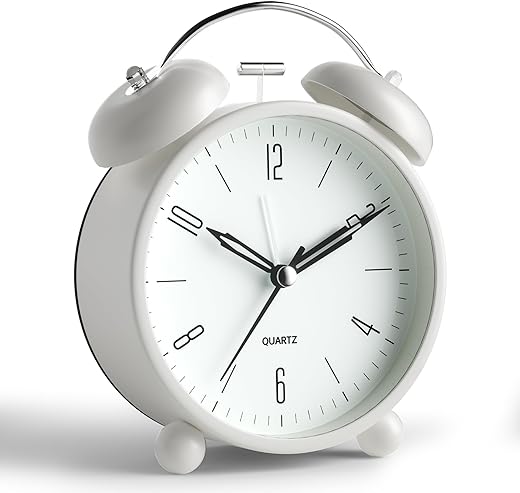 Analog Alarm Clock, 4 inch Super Silent Non Ticking Small Clock with Night Light, Battery Operated, Simple Design, Twin Bell Loud Alarm, Old Fashioned, for Heavy Sleeper, Bedroom, Bedside, Desk, White