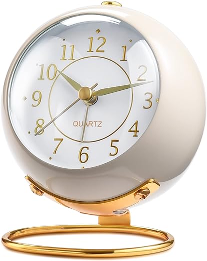 Analog Alarm Clocks,Retro Backlight Cute Simple Design Small Desk Clock with Night Light,Silent Non-Ticking,Battery Powered,for Decor,Bedrooms,Travel,Kitchen,Bedside Desktop.(White)