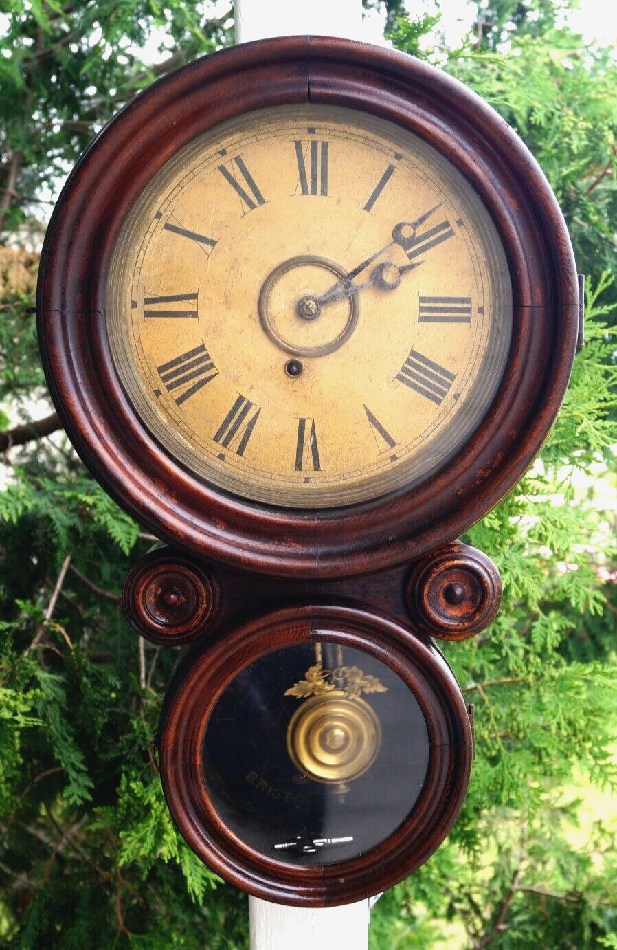 Antique 1870s Ingraham MOSAIC Mahogany Wall Clock - SEE VIDEO - WORKS - UNUSUAL
