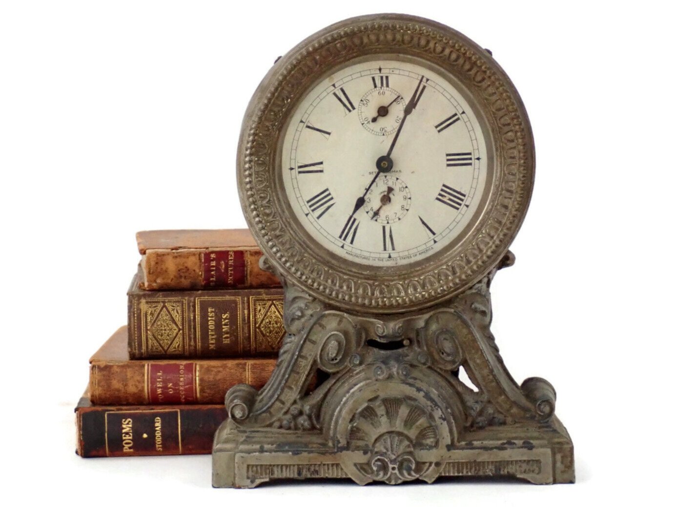 Antique 1909 Seth Thomas Long Alarm Clock Fancy Embossed Metal Case