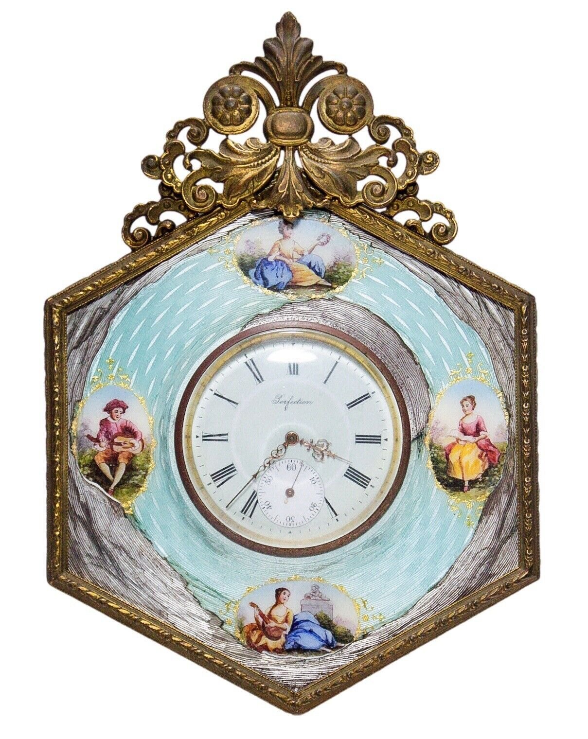 Antique 19th c French Guilloche Enamel Hand Painted Bronze Desk Travel Clock
