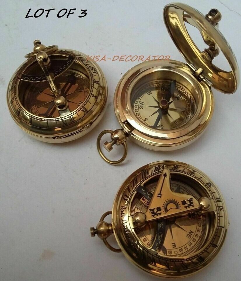 ANTIQUE BRASS COLLECTIBLE POCKET SUNDIAL COMPASS VINTAGE SHIP MARINE LOT OF 3