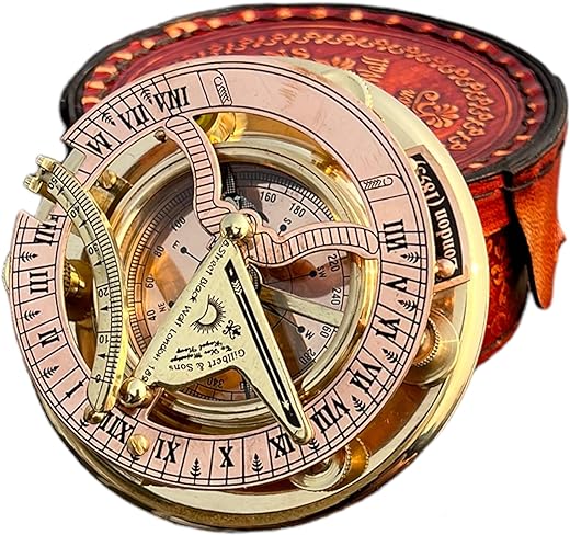 Antique Brass & Copper Sundial Compass, Sundial Clock in Leather Box Gift Sun Clock Ship Replica Watch