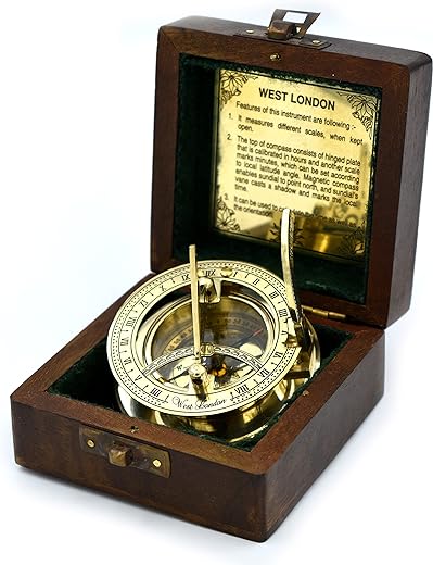 Antique Brass Sundial Compass, Sundial Clock in Box Gift Sun Clock Ship Replica Watch,Ship Decorations