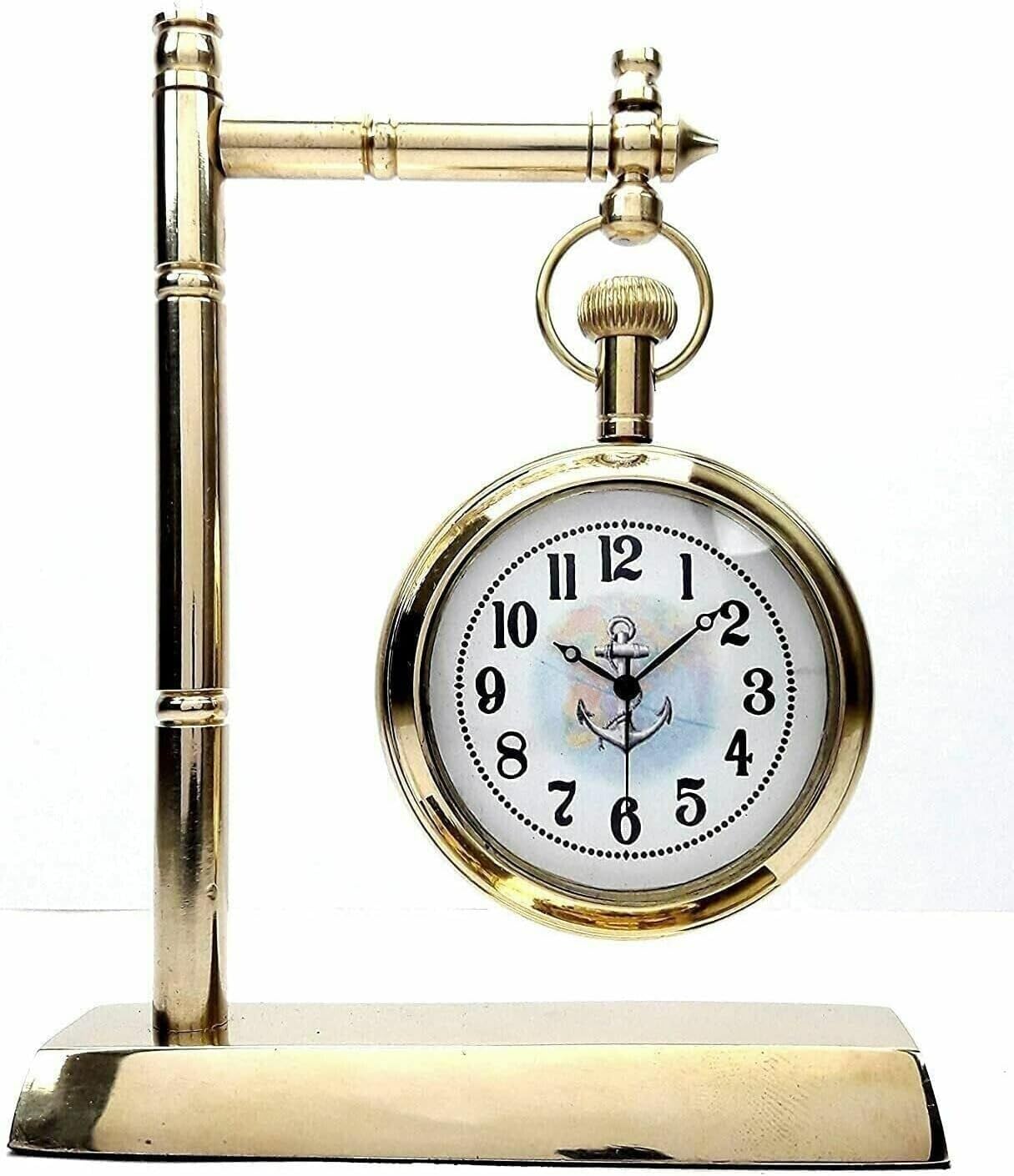 Antique Brass Table Top Desk Clock - Vintage Unique Decorative Watch Collectible - Beautifully Handcrafted Brass Hanging Table Clock with Stand Home Office Anniversary, Graduation Day Gift for Him.