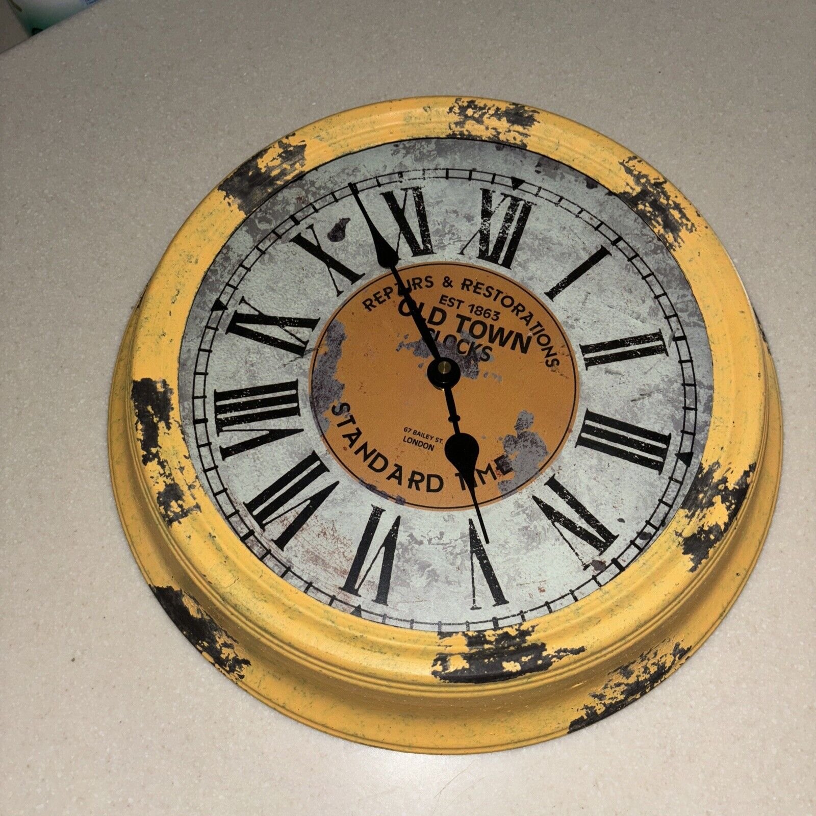 Antique Old Town Yellow Metal Wall Clock Vintage Farmhouse Rustic