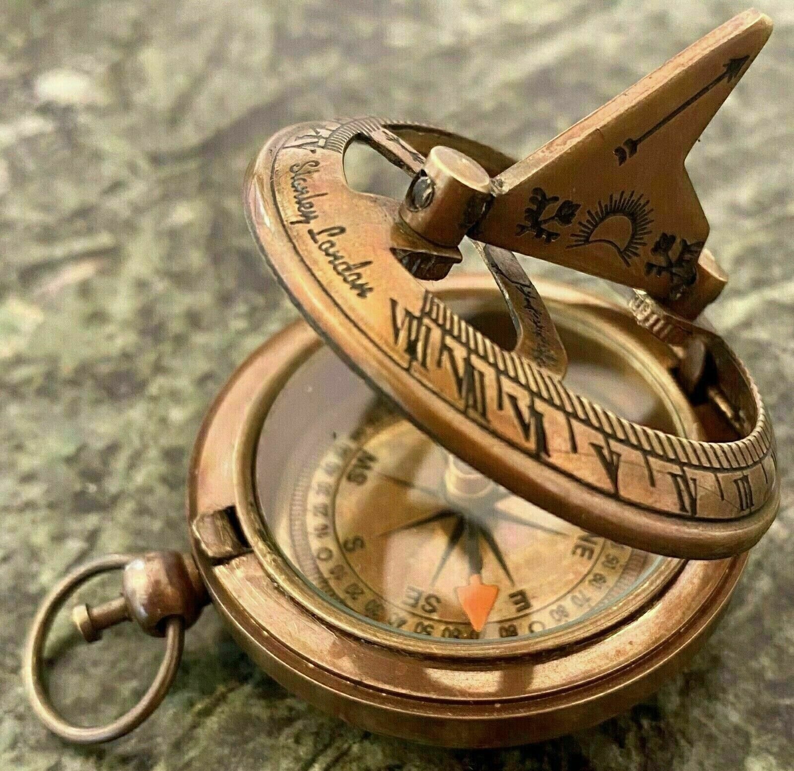 Antique Pocket Sundial Vintage Compass New Push Button Full Brass 2"