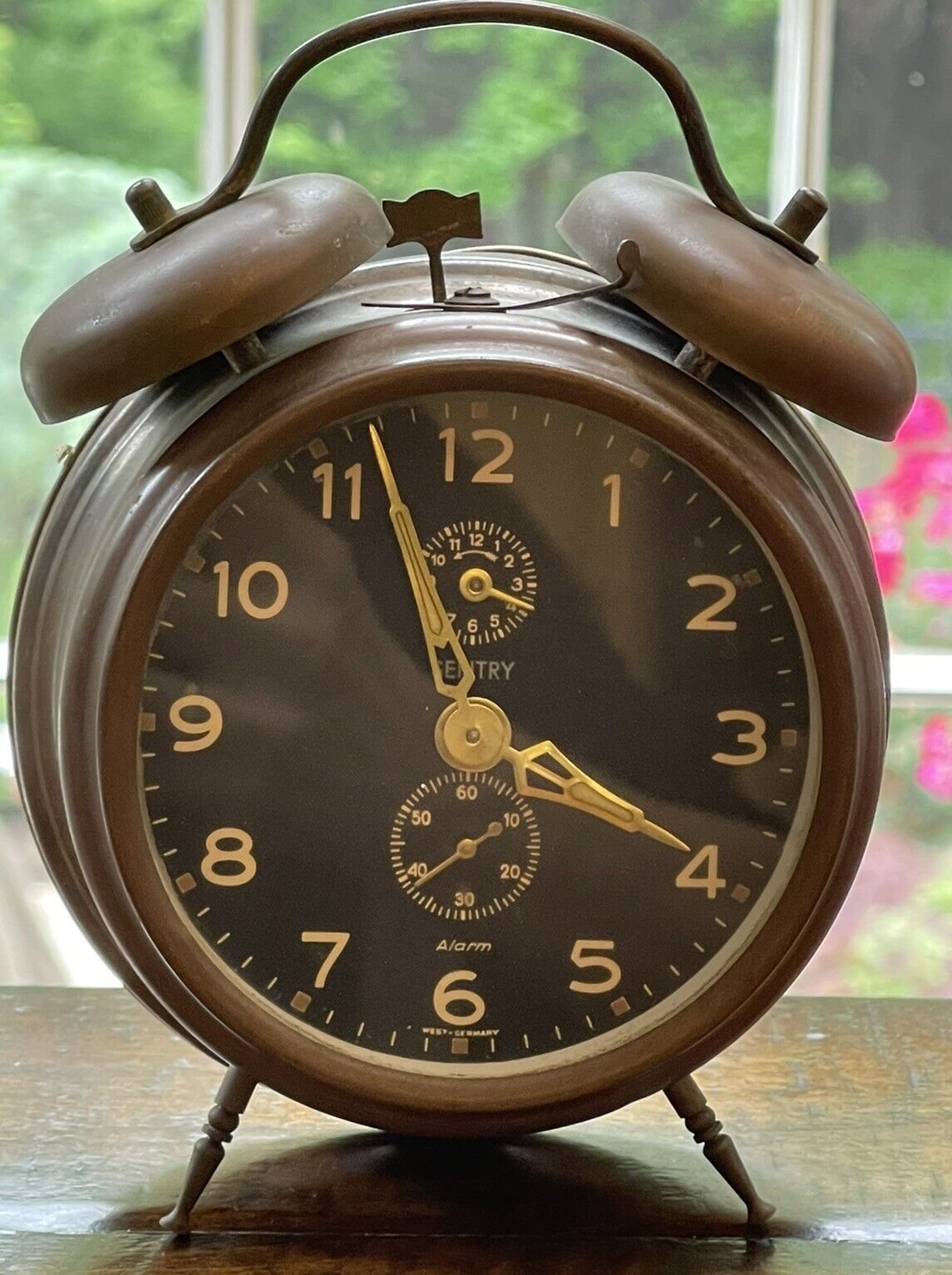 Antique SENTRY Germany Double Bell Alarm Clock Bronze Black Gold 7” WORKS!