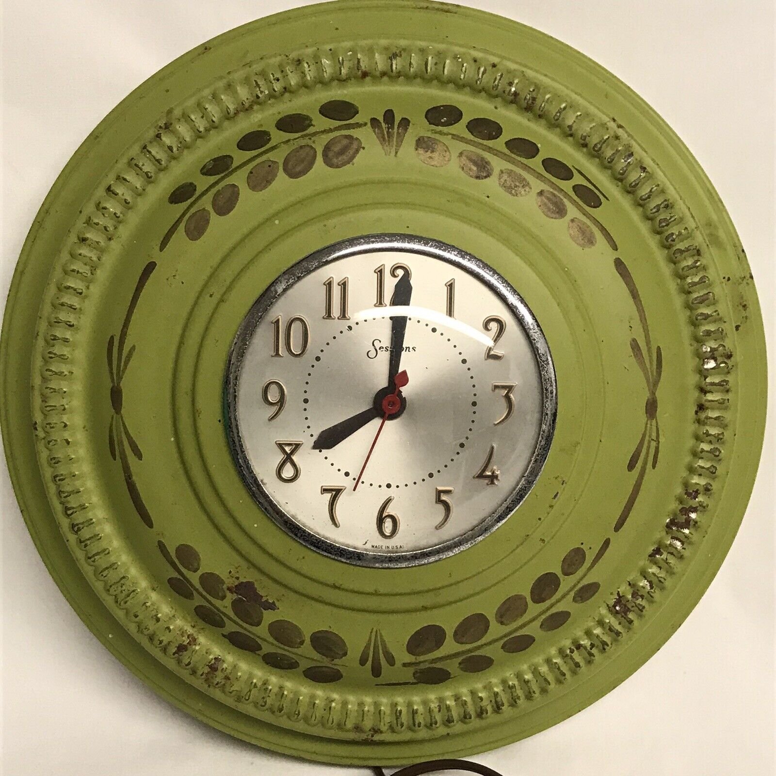 Antique Sessions Electric Wall Clock Green Painted Metal Gold Floral WORKS