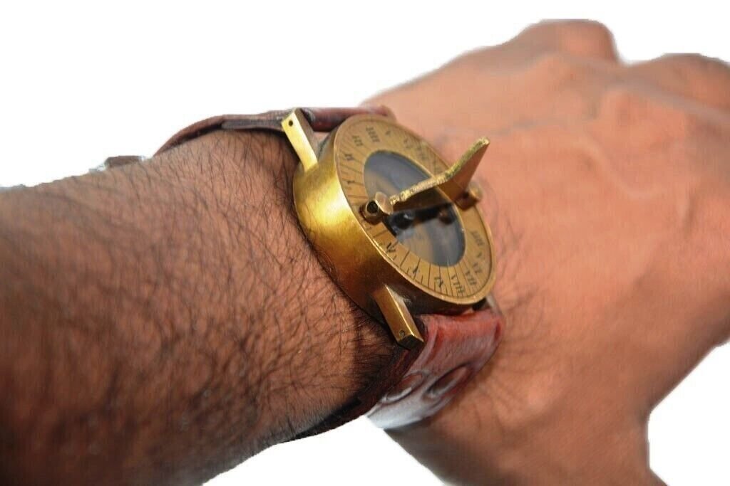Antique Steampunk Wrist Brass Compass Sundial-Watch With Leather Strap Sundial