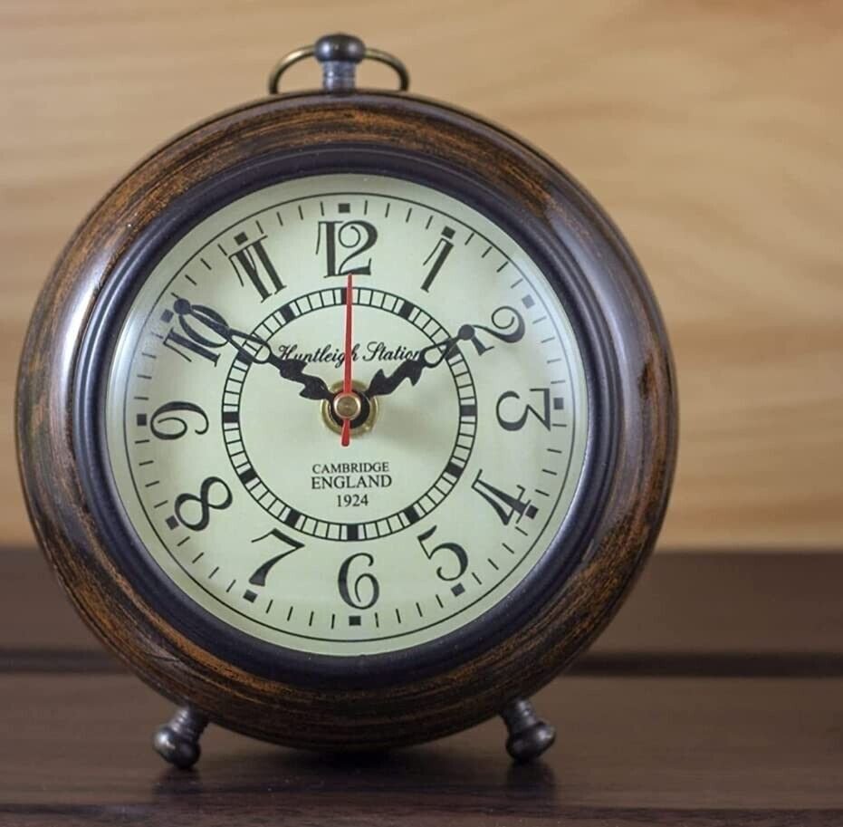 Antique Wooden Table Clock 4"Brown Handmade Desk Clock ENGLAND 1924 Alarm Clock